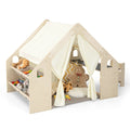 Beige kids play tent playhouse with open sides, interior storage shelves, and canopy