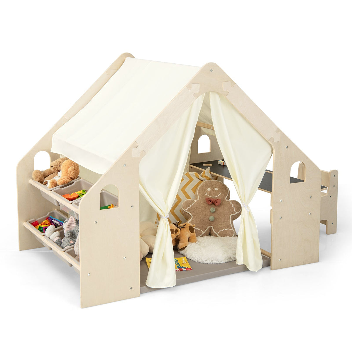 Beige kids play tent playhouse with open sides, interior storage shelves, and canopy