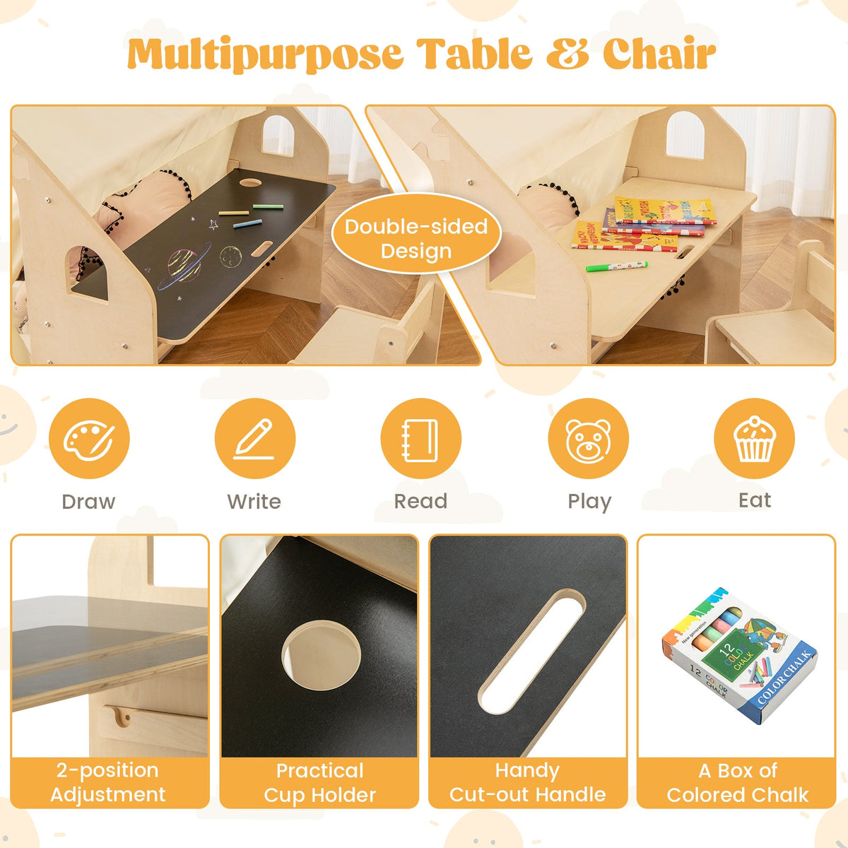 Kids play tent with multipurpose table and chair, double-sided write and play surfaces
