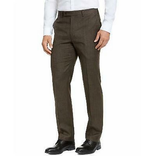 Men's dark brown plaid flannel dress pants with straight legs, studio front view