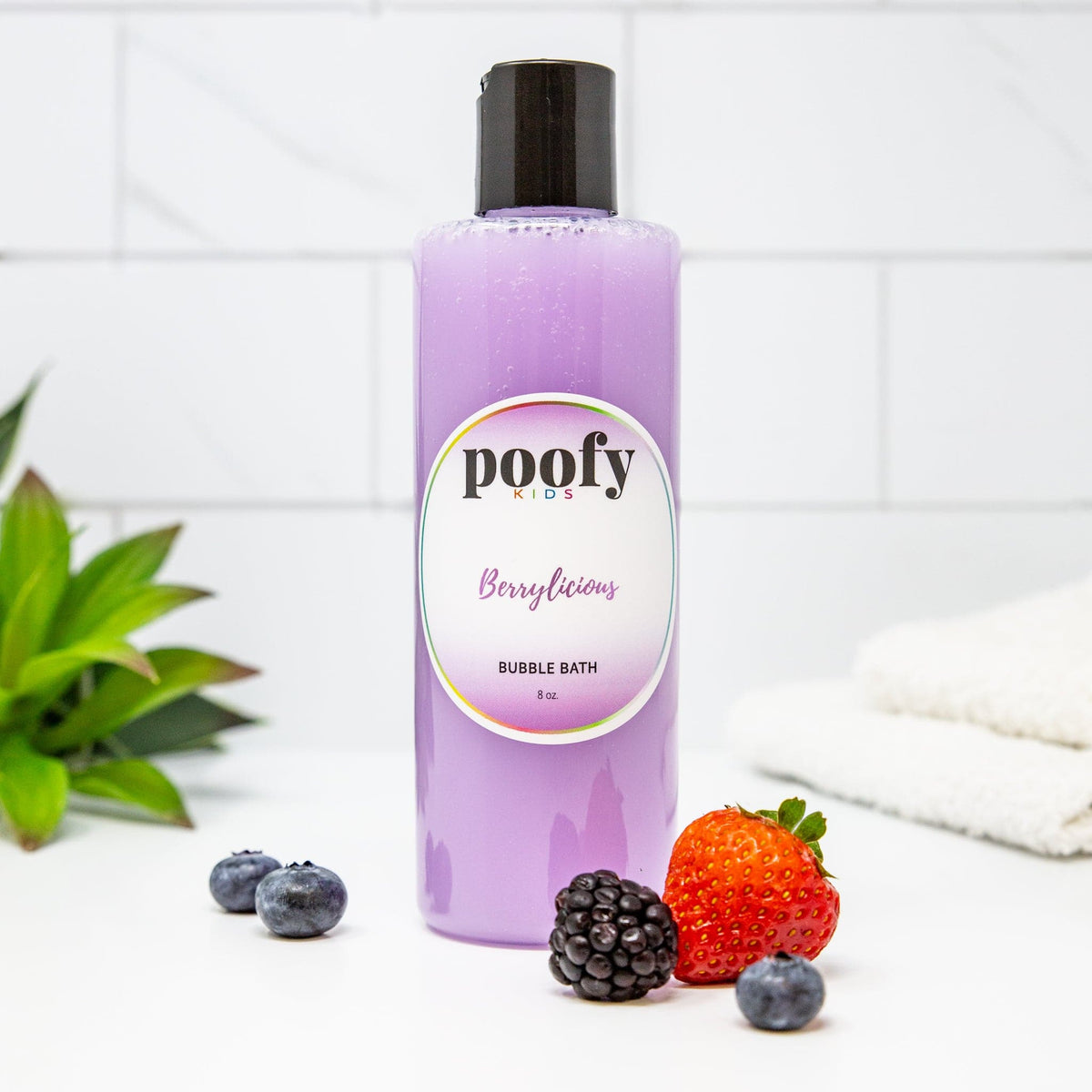poofy Kids berry bubble bath, purple bottle with pump top