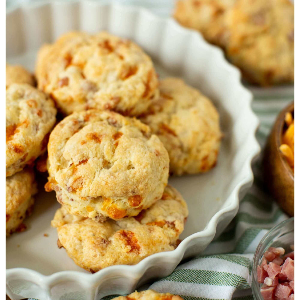 Buttermilk biscuit mix biscuits, golden baked biscuits in a serving dish