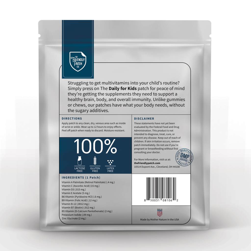 Back of kids vitamin patch pouch with ingredients panel and barcode