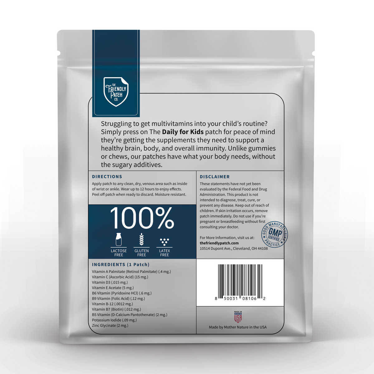 Back of kids vitamin patch pouch with ingredients panel and barcode