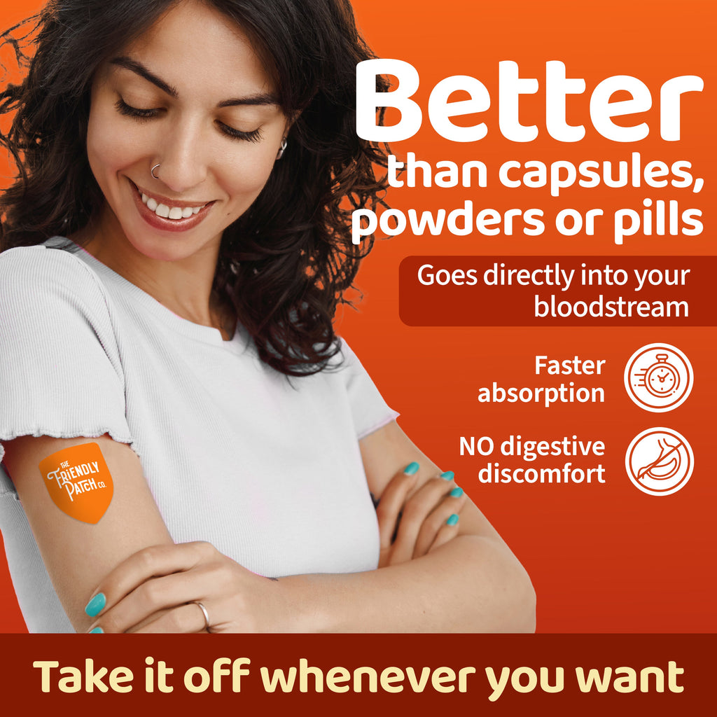 Woman smiling with a small orange immunity patch on her forearm