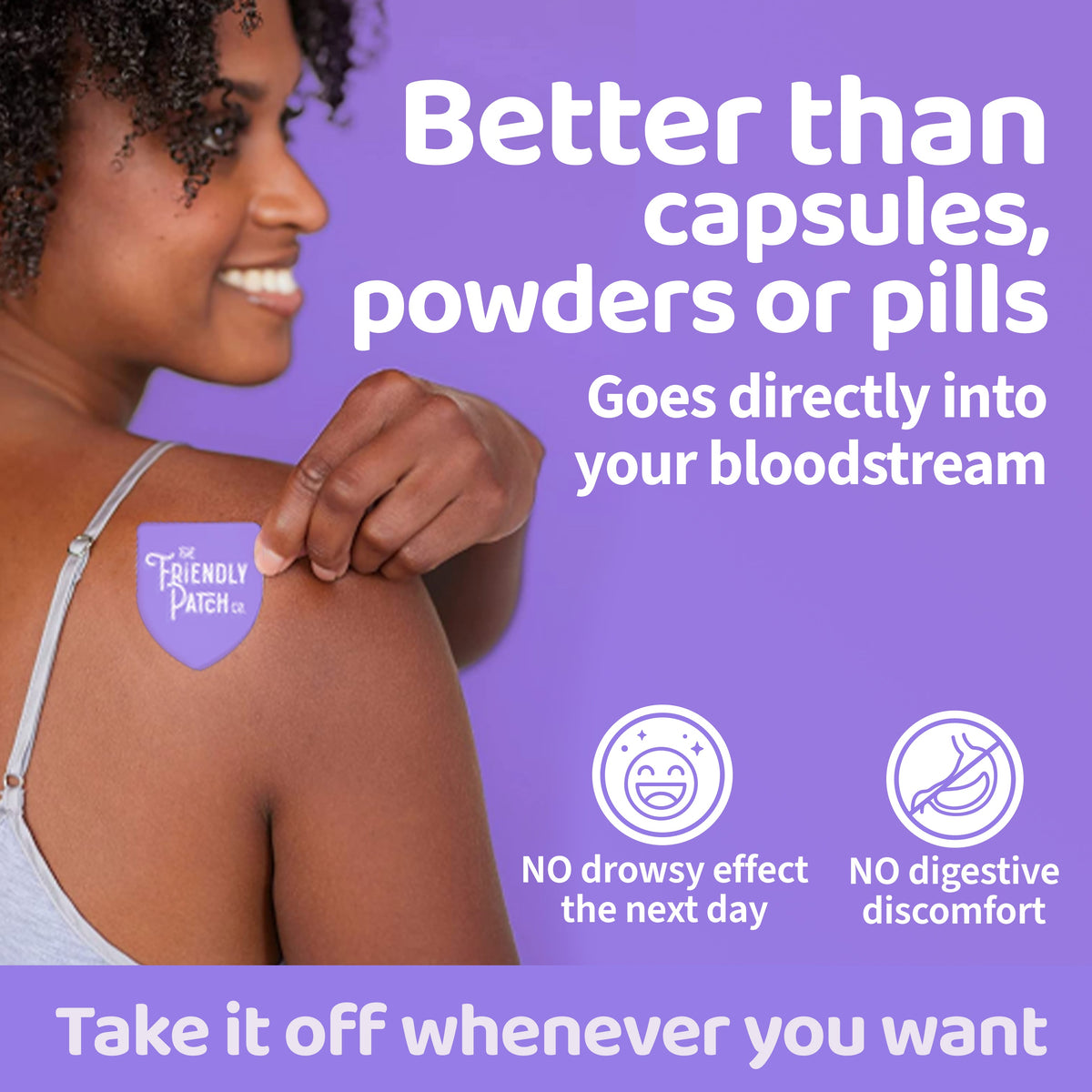 Melatonin sleep patch applied to the upper chest with a purple shield label.