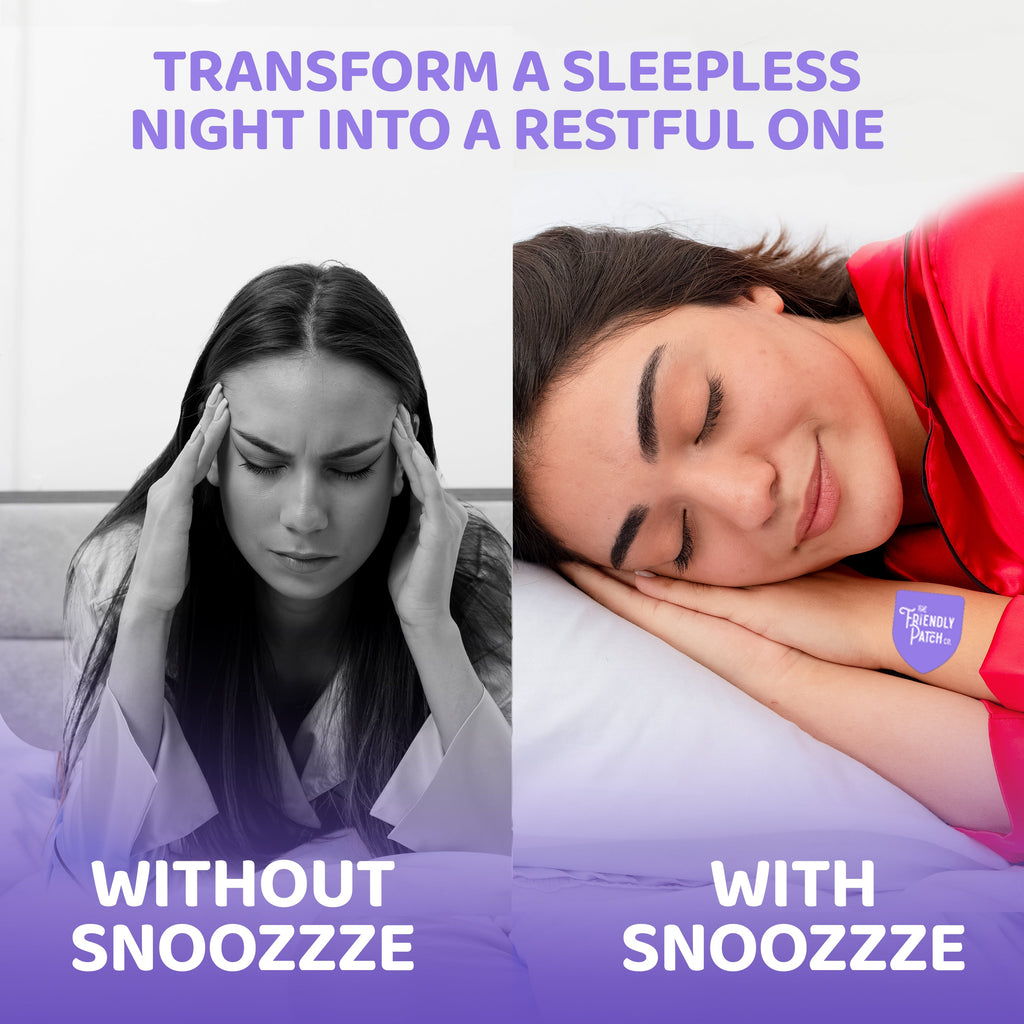 Melatonin sleep patch shown on a person at bedtime versus no patch.