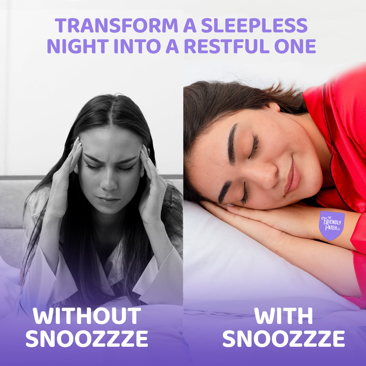 Melatonin sleep patch shown on a person at bedtime versus no patch.