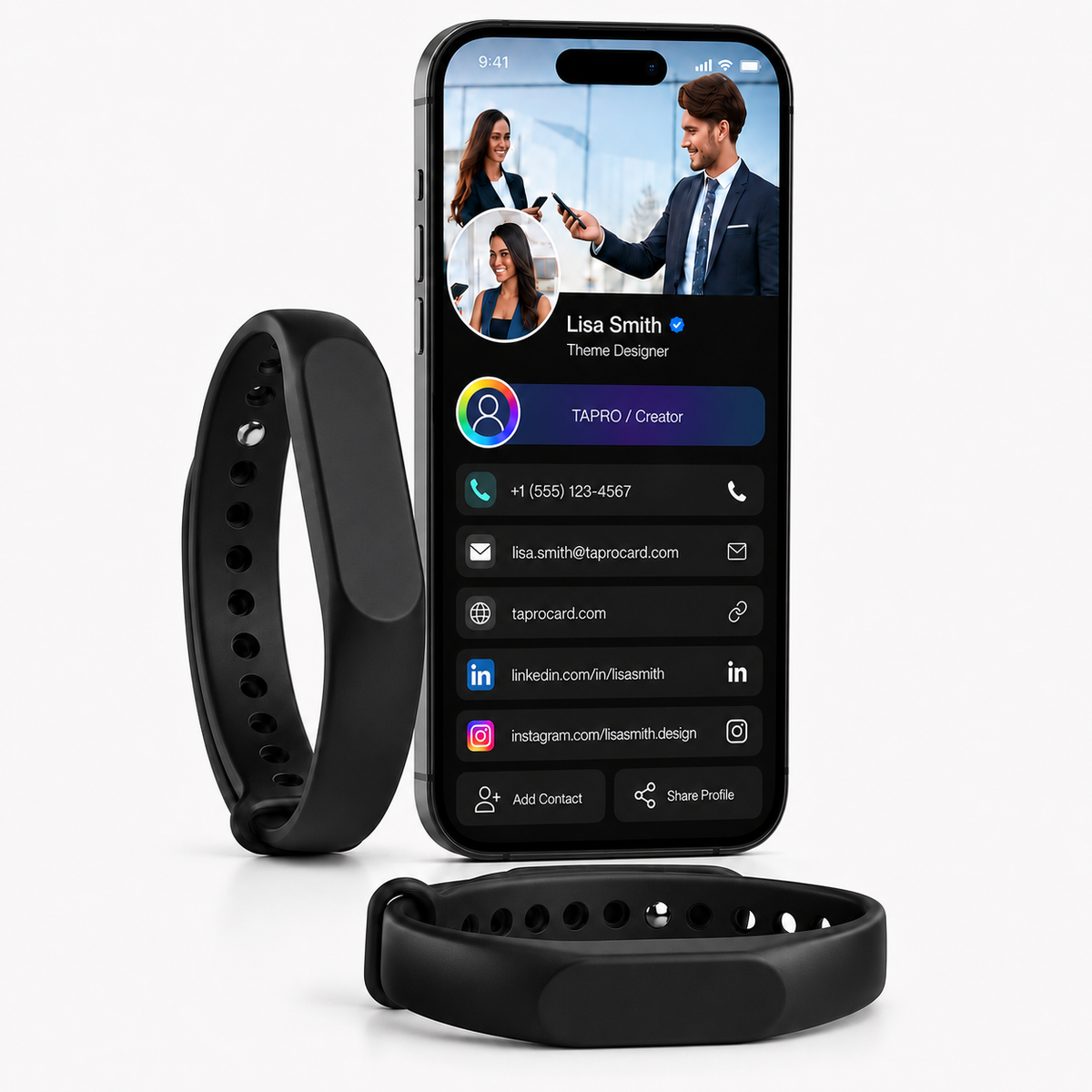 Black silicone NFC smart bracelet with clasp and perforated band, shown beside a smartphone