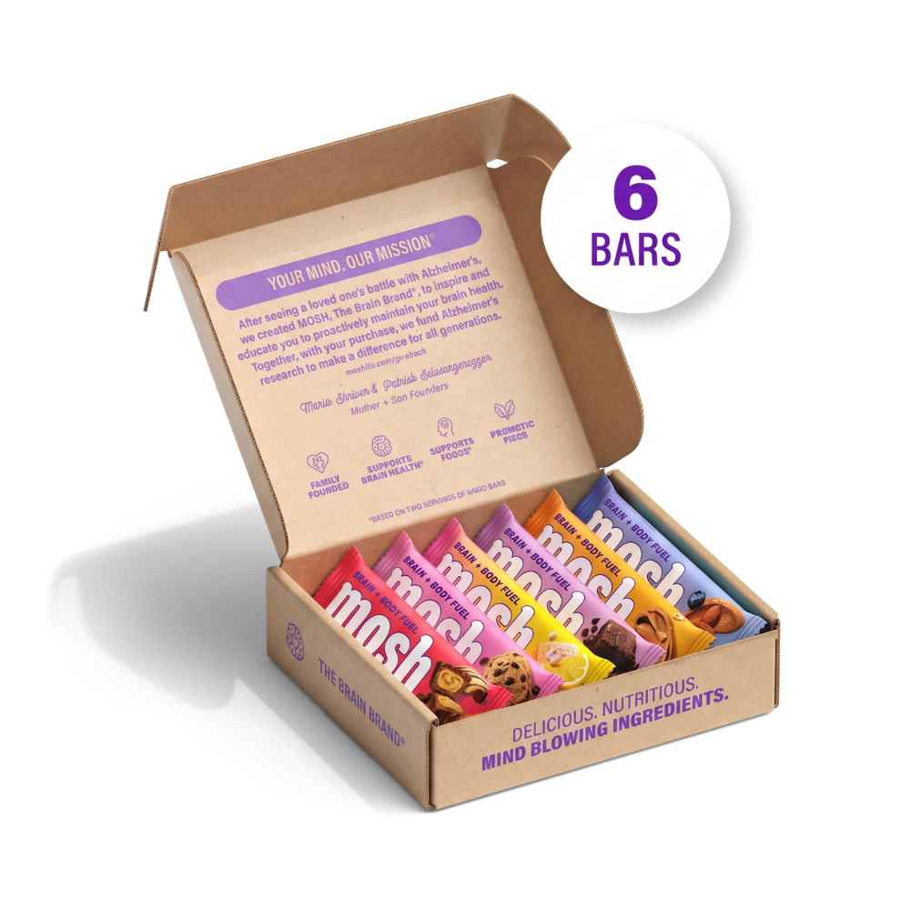 Protein trial pack box with 6 mosh protein bars, assorted flavors