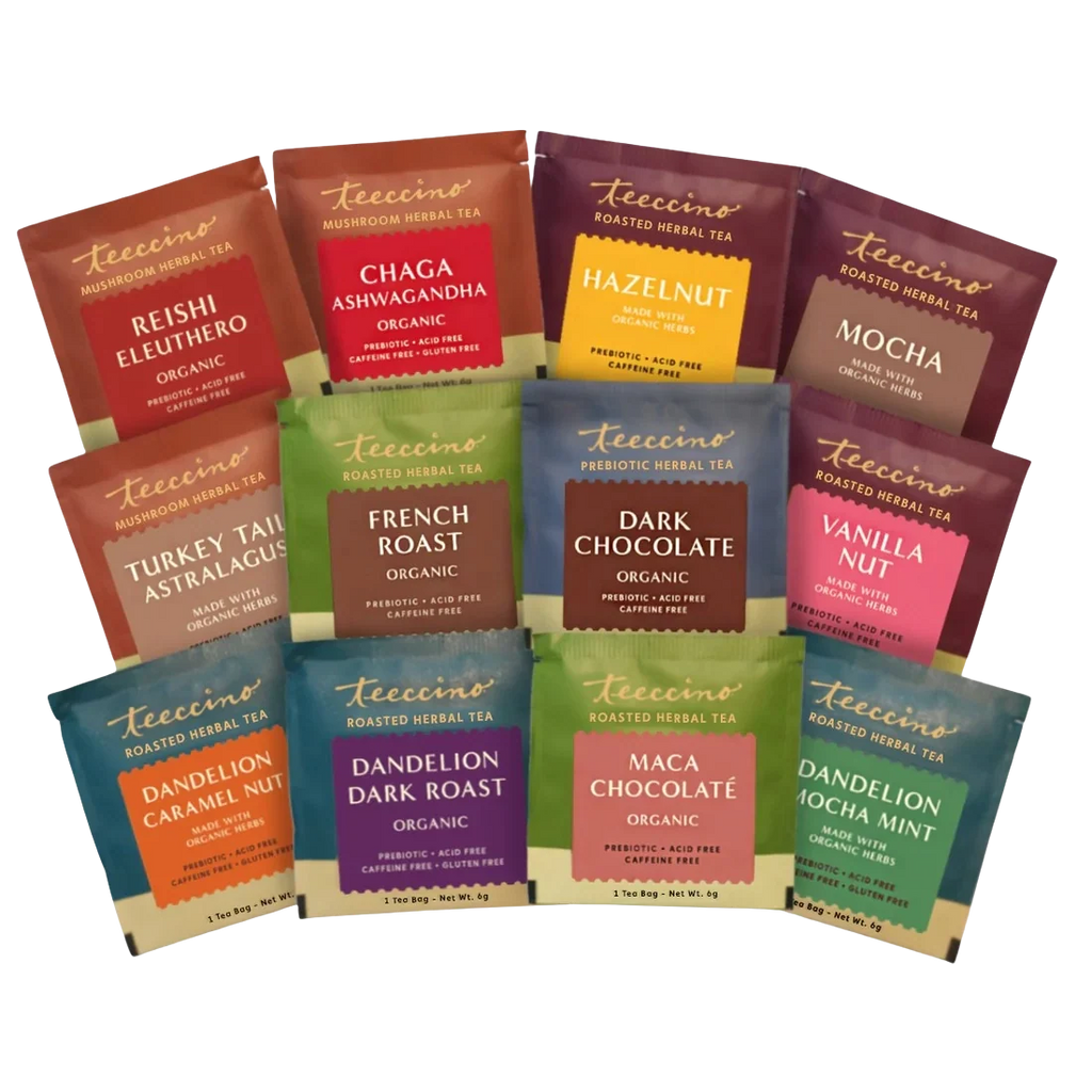 Herbal tea sampler with assorted labeled herb tea packets: Reishi, Chaga, Hazelnut, Mocha