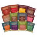 Herbal tea sampler with assorted labeled herb tea packets: Reishi, Chaga, Hazelnut, Mocha