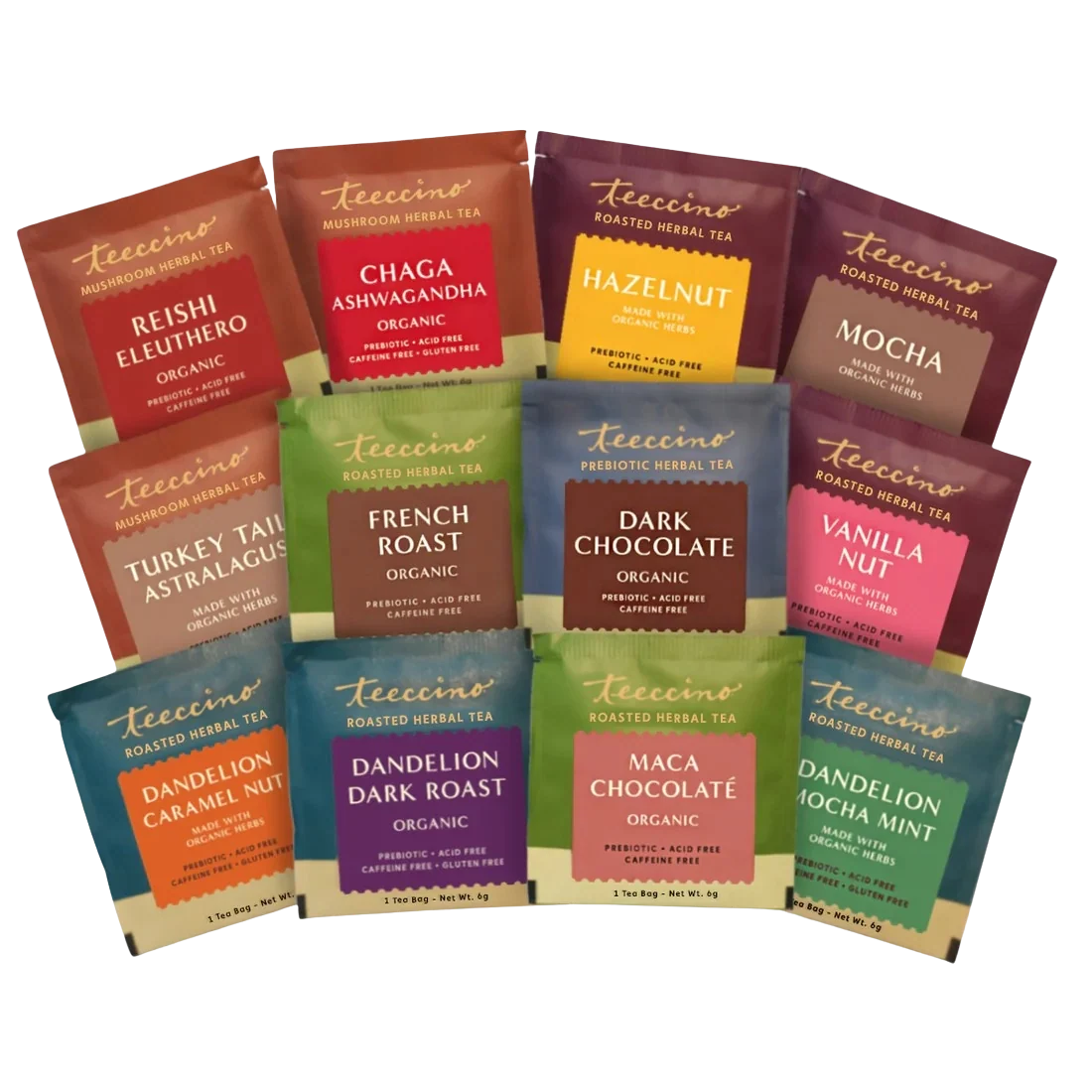 Herbal tea sampler with assorted labeled herb tea packets: Reishi, Chaga, Hazelnut, Mocha