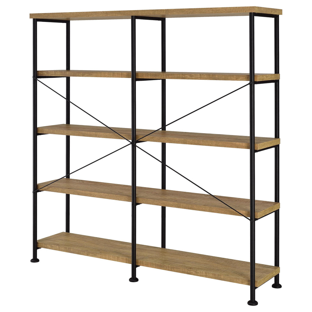 4-shelf double bookshelf with black metal frame, cross-bracing, and mango shelves