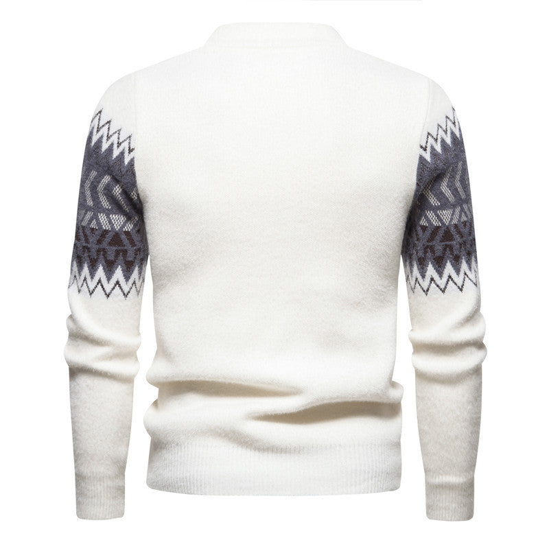 Men's printed round-neck sweater, white; back view with dark geometric knit pattern