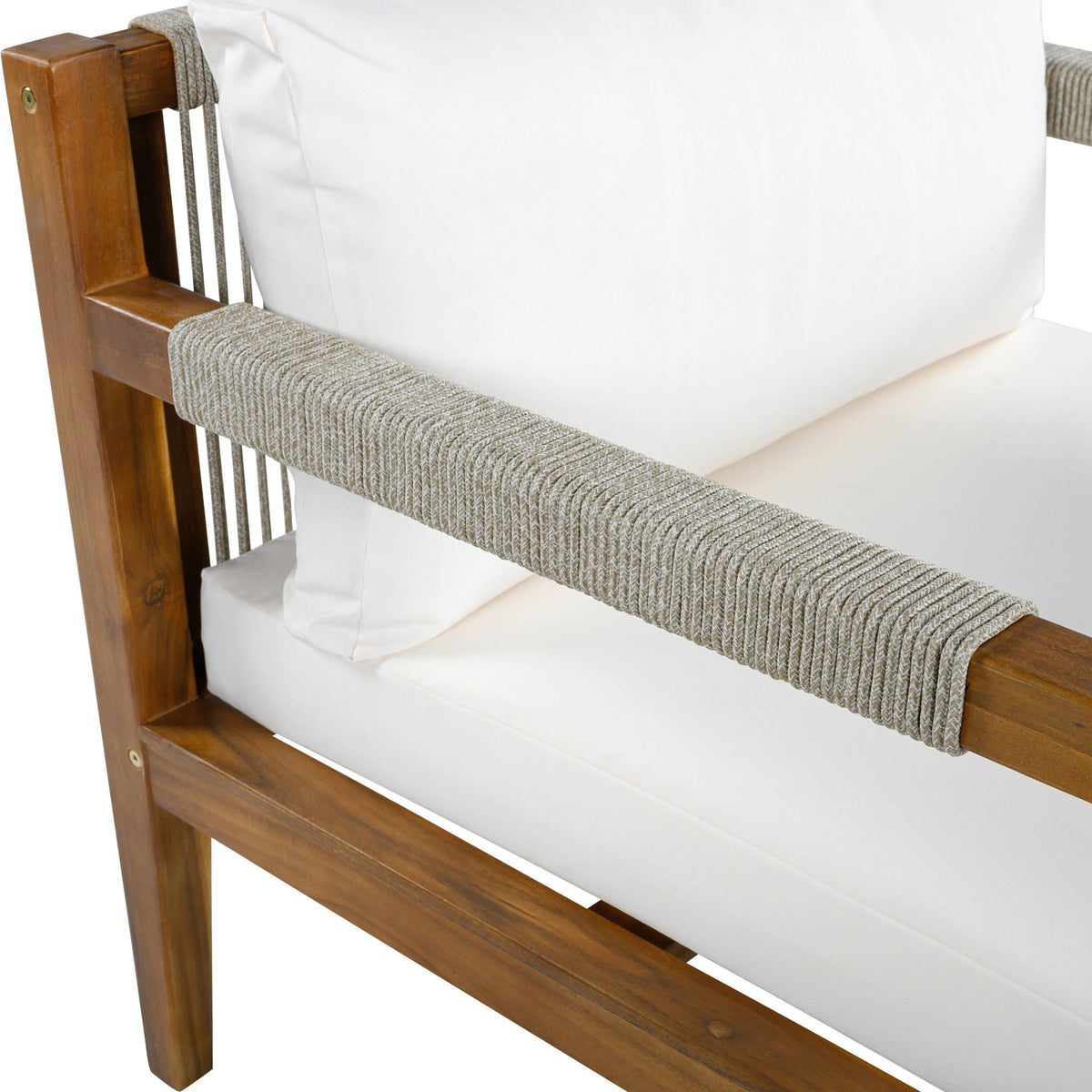 Acacia armchair with textured gray armrest cushion and white seat cushion