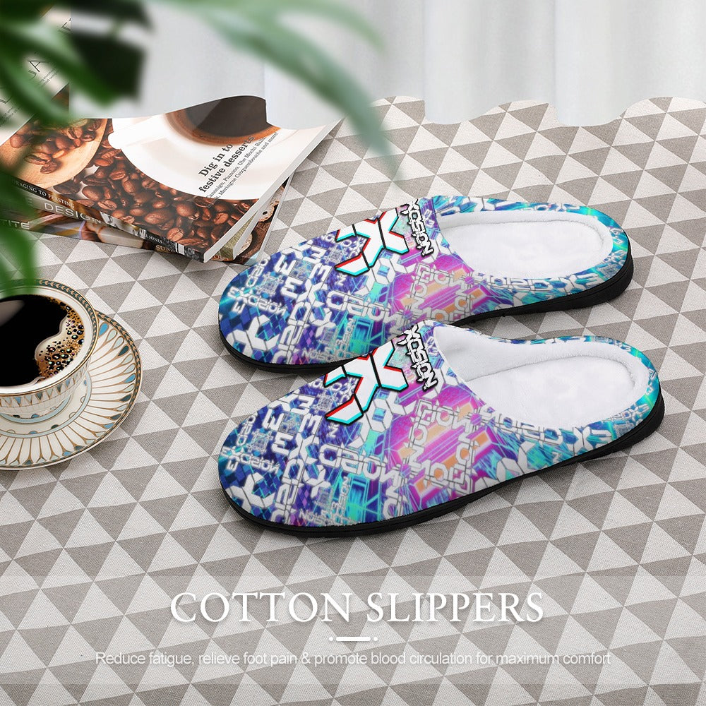 Cotton slippers with blue, purple, and teal graphic print, white lining, slip-on style