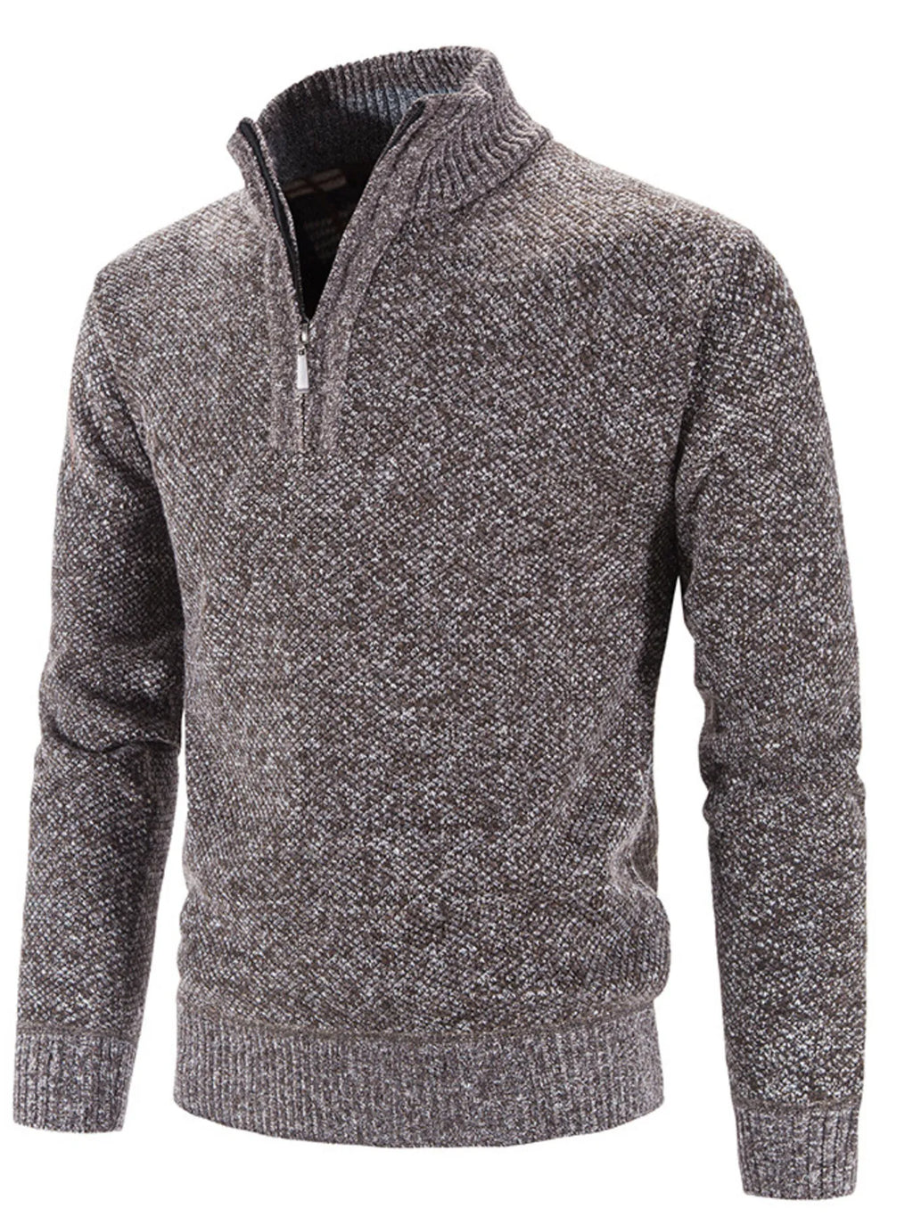 Light gray heather quarter-zip knit sweater, long sleeves, ribbed collar and cuffs