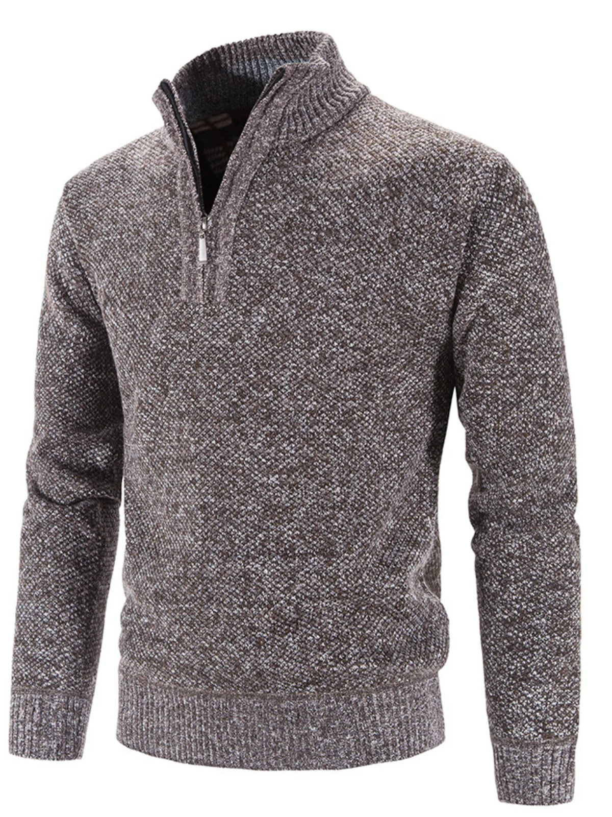 Light gray heather quarter-zip knit sweater, long sleeves, ribbed collar and cuffs