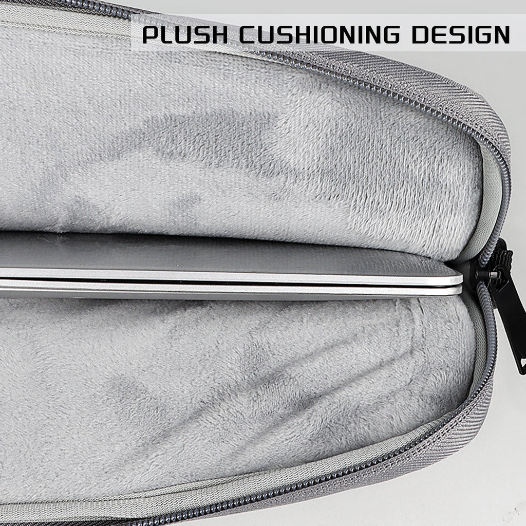 Gray laptop bag with cushioned padded edge and zippered closure along the side
