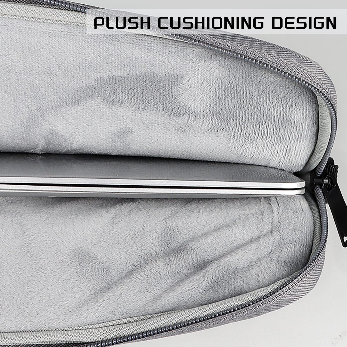 Gray laptop bag with cushioned padded edge and zippered closure along the side