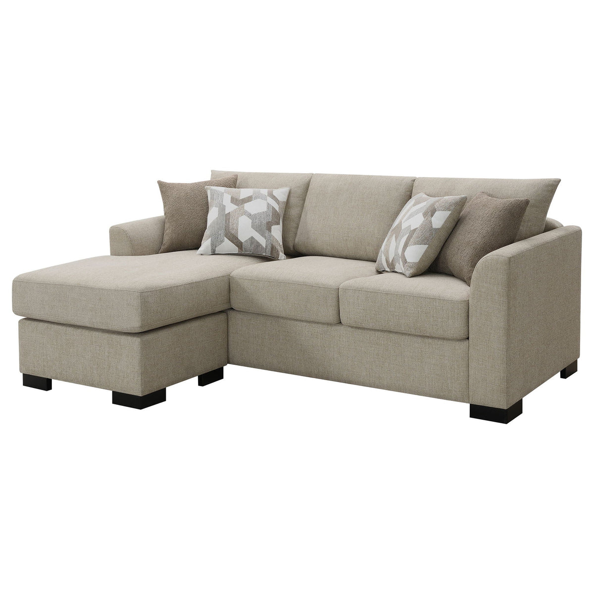 Camel upholstered sectional chaise sofa with geometric throw pillows, square arms, dark feet.
