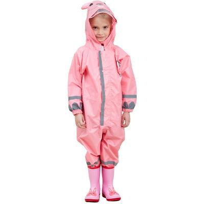 Pink kids conjoined raincoat with hood, full-length pants, and reflective stripe cuffs