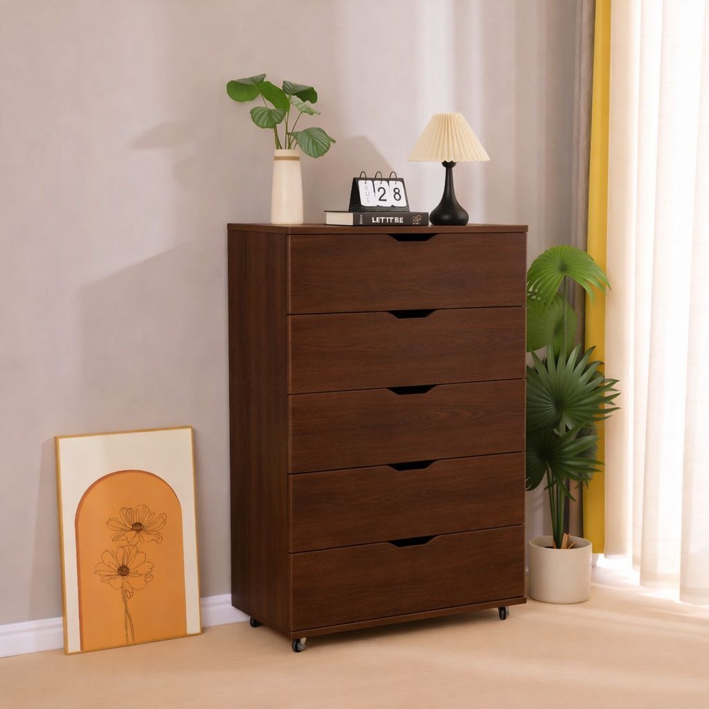 Dark brown five-drawer rolling dresser with recessed pulls and caster wheels