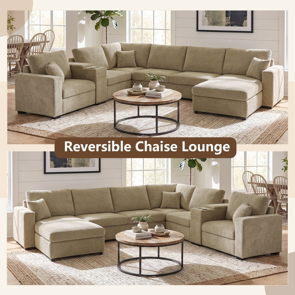 Beige modular sectional sofa with chaise extension, deep seats, and padded arms