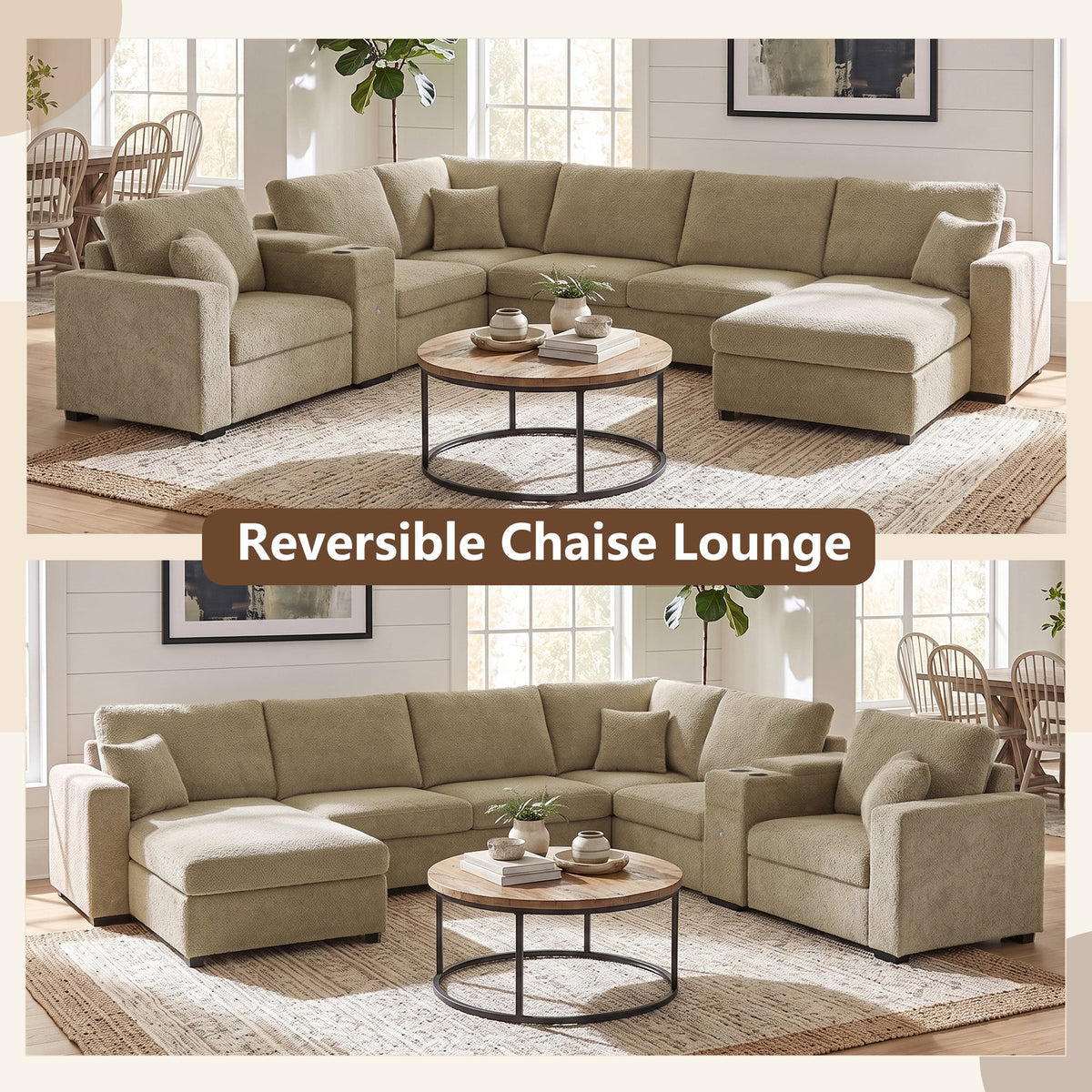 Beige modular sectional sofa with chaise extension, deep seats, and padded arms
