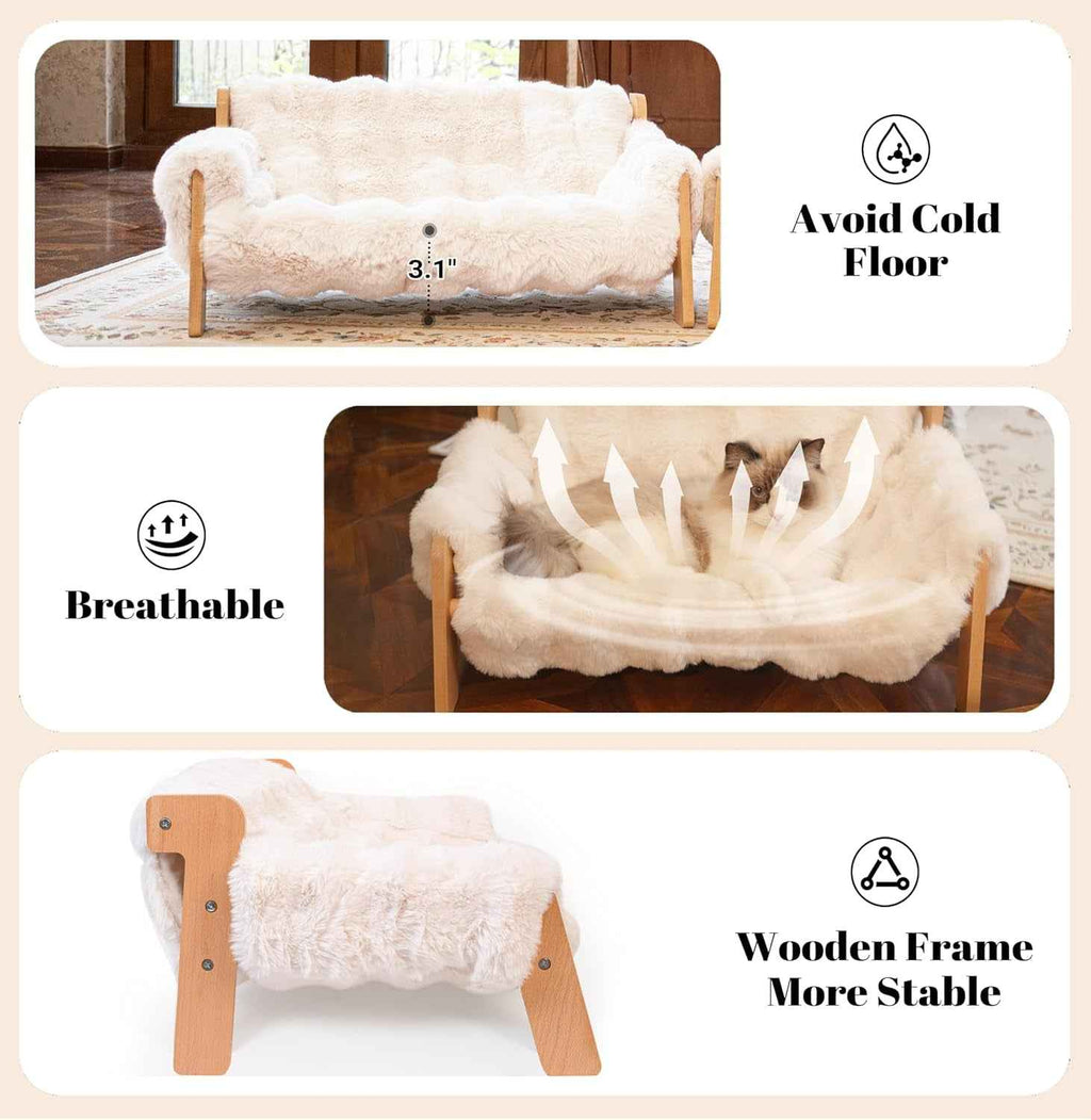 Elevated cat couch bed showing its wooden frame, fluffy cushion, and raised design.