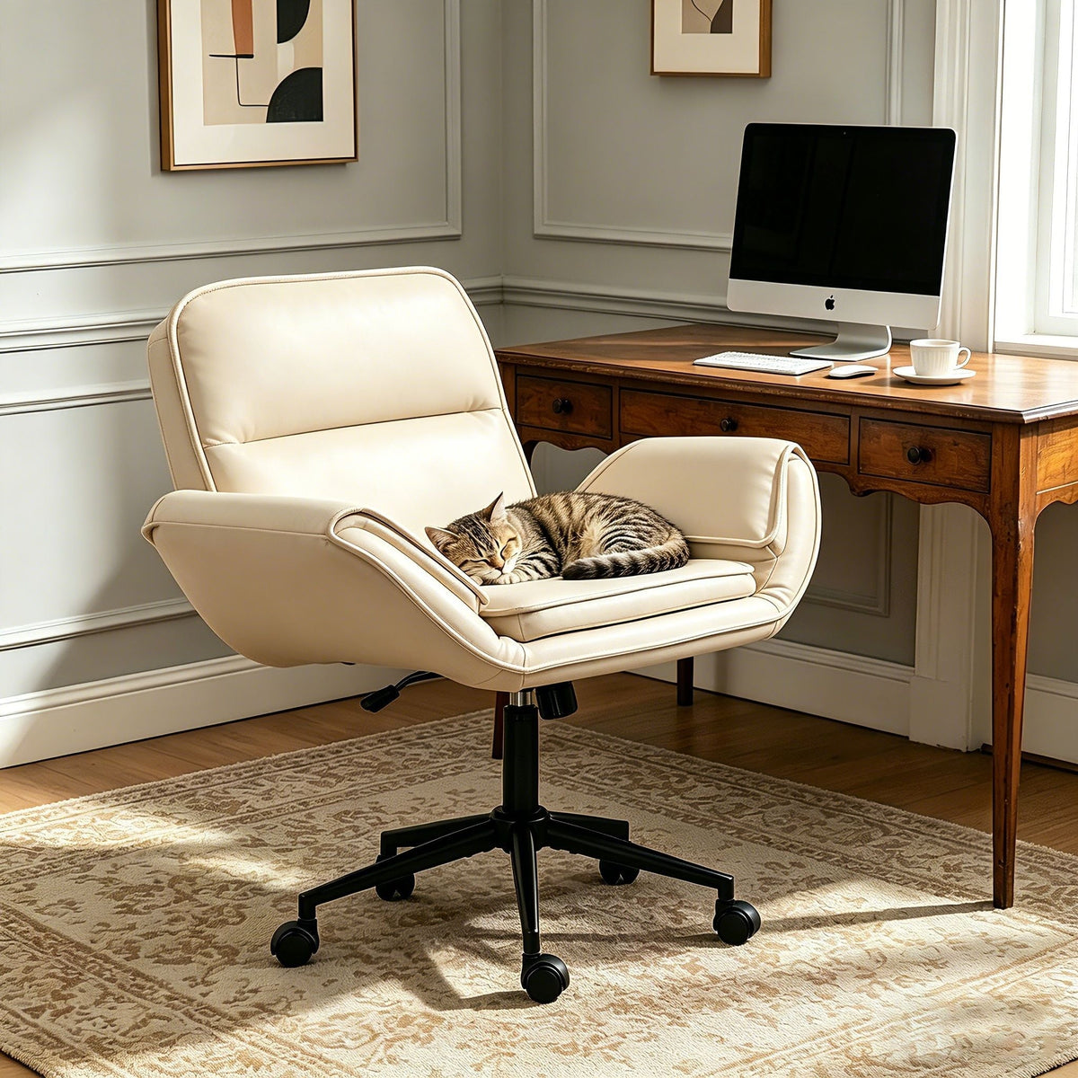 Beige upholstered swivel desk chair with padded armrests, cat resting on seat, casters on base.