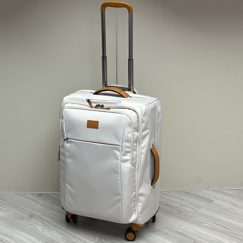 Ultra-light white wheeled trolley suitcase with telescoping handle, orange trim, front pocket