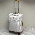 Ultra-light white wheeled trolley suitcase with telescoping handle, orange trim, front pocket