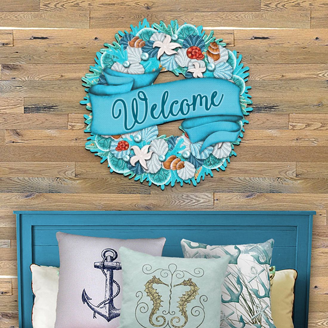 Blue welcome coastal door wreath with seashells and starfish on a round base