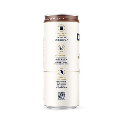 Mocha draft latte coffee can back panel with ingredients and QR code