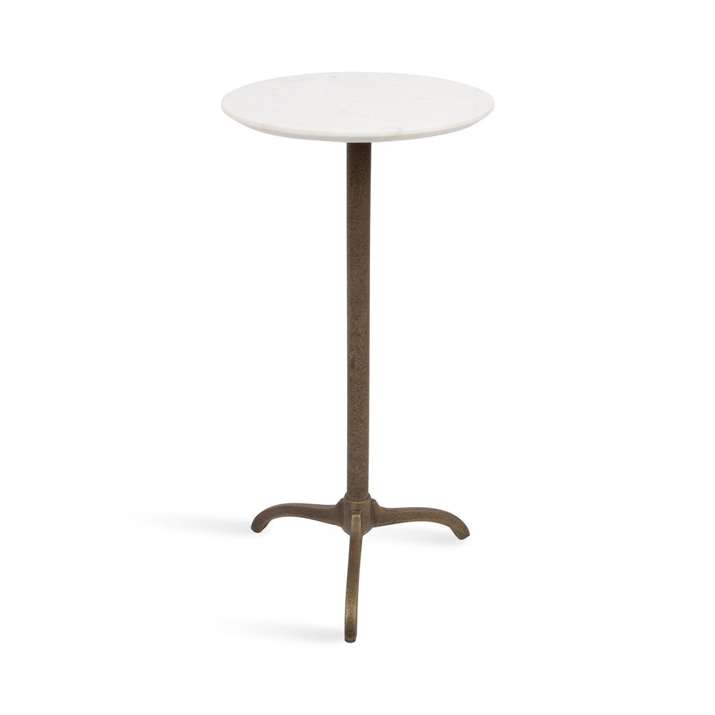 Round white marble side table with slim pedestal and bronze tripod base