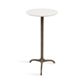 Round white marble side table with slim pedestal and bronze tripod base