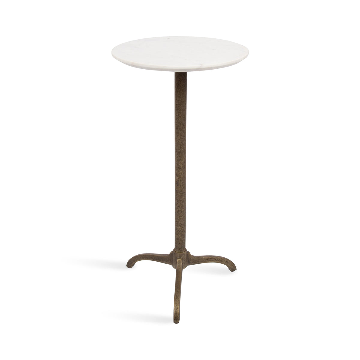 Round white marble side table with slim pedestal and bronze tripod base