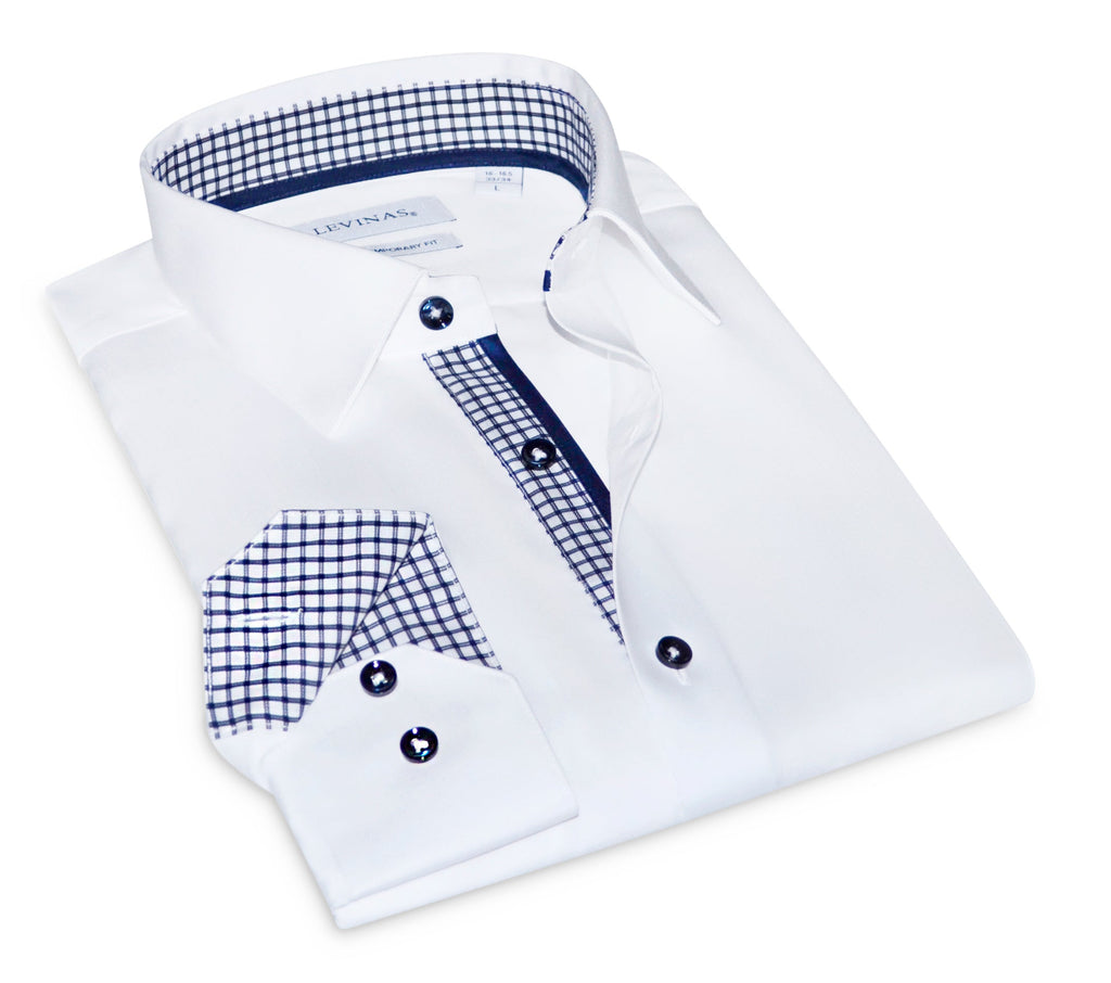 White dress shirt with blue check yoke and placket trim, pocket accents, dark buttons