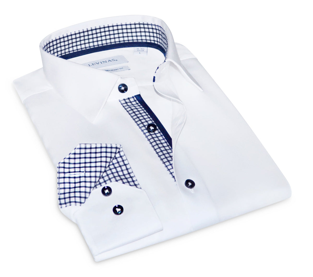 White dress shirt with blue check yoke and placket trim, pocket accents, dark buttons