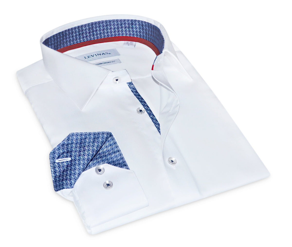 White button-up shirt with blue patterned inner yoke, collar, and placket trim