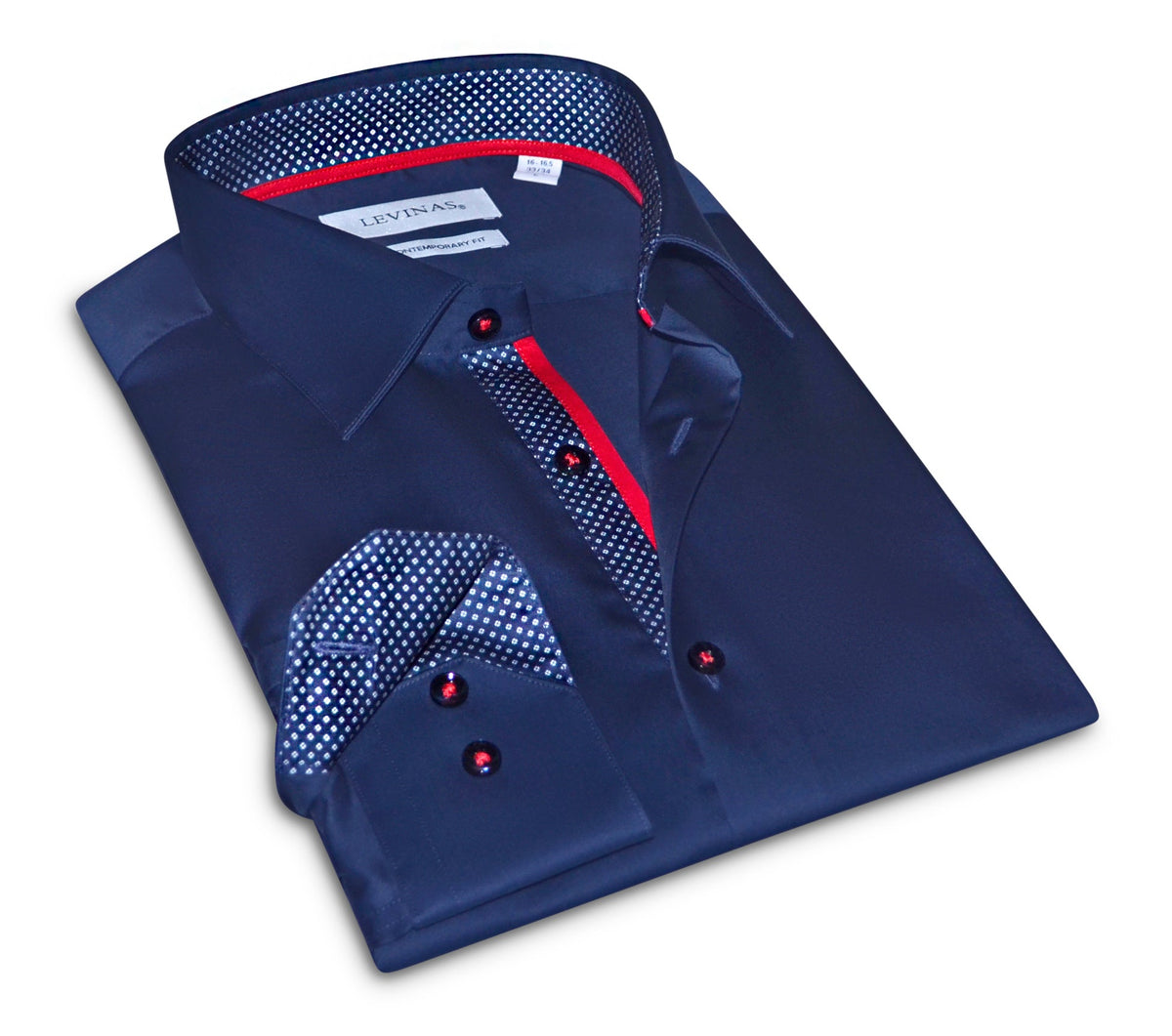 Folded navy dress shirt with red contrast placket and dotted collar trim.