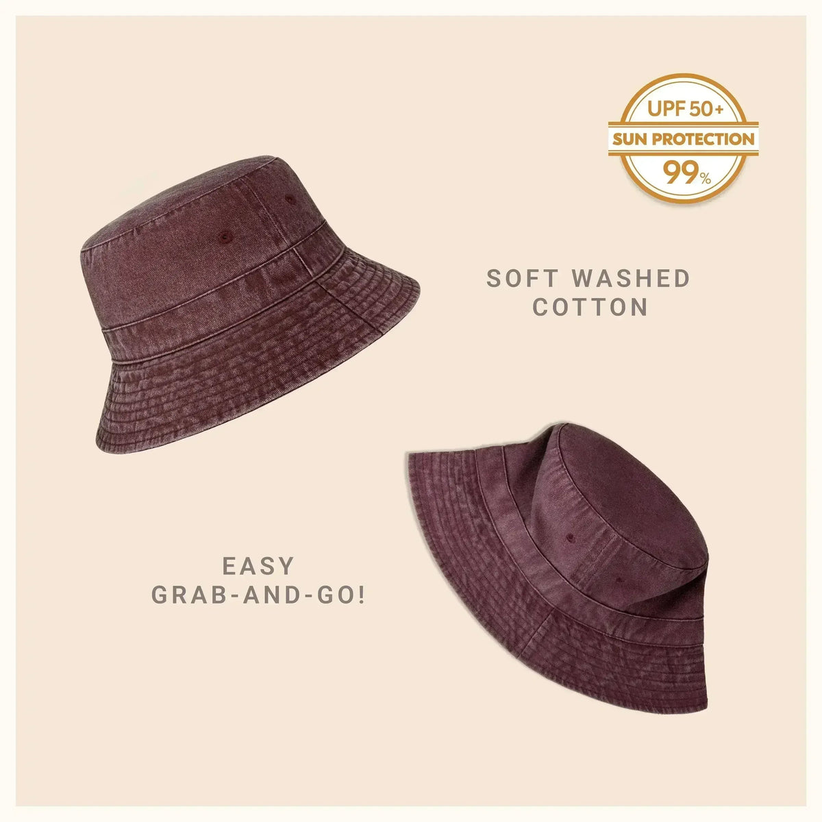 Soft washed cotton bucket hat with moldable brim, plum burgundy