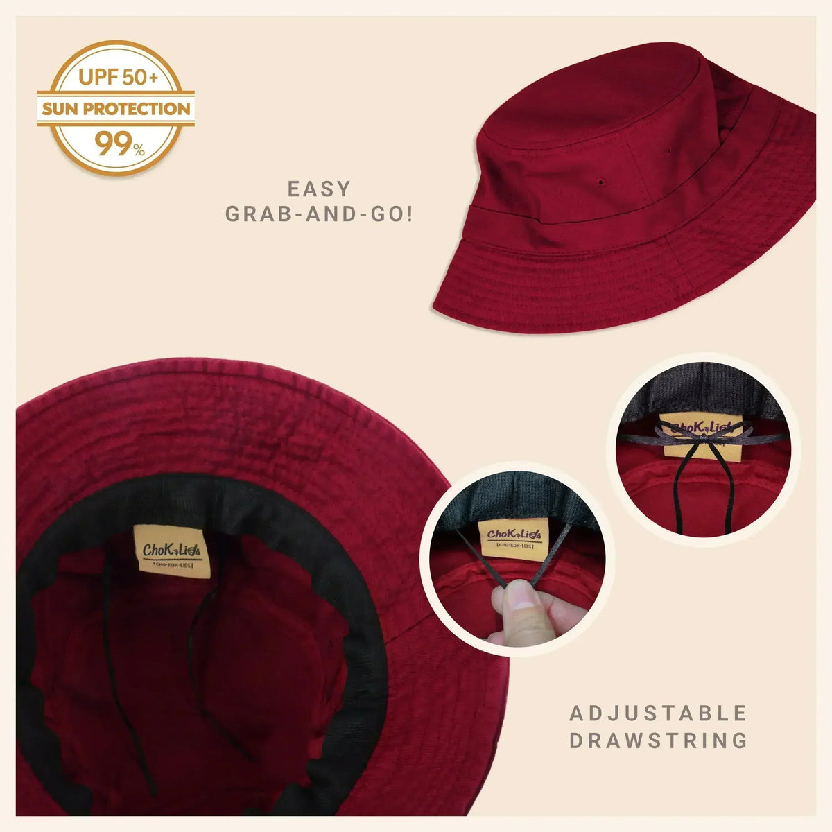 Soft washed cotton bucket hat with moldable brim, dark red