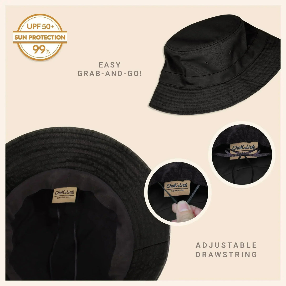 Washed cotton bucket hat with moldable brim, black, adjustable drawstring