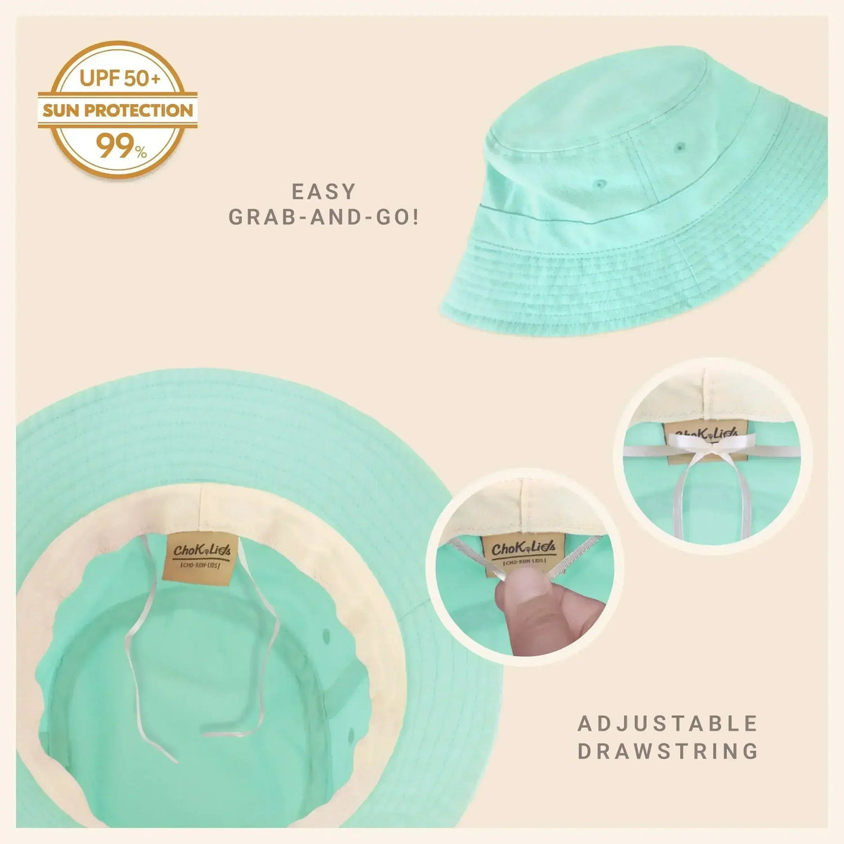 Washed cotton bucket hat with moldable brim, mint green, adjustable drawstring