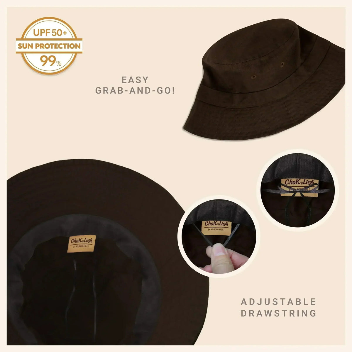 Washed cotton bucket hat with moldable brim, black, adjustable drawstring