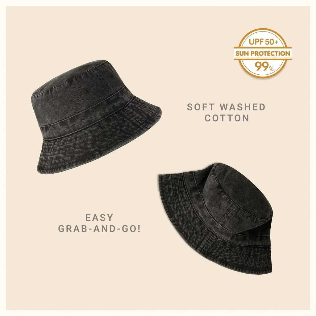 Washed cotton bucket hat with moldable brim, dark gray, adjustable drawstring