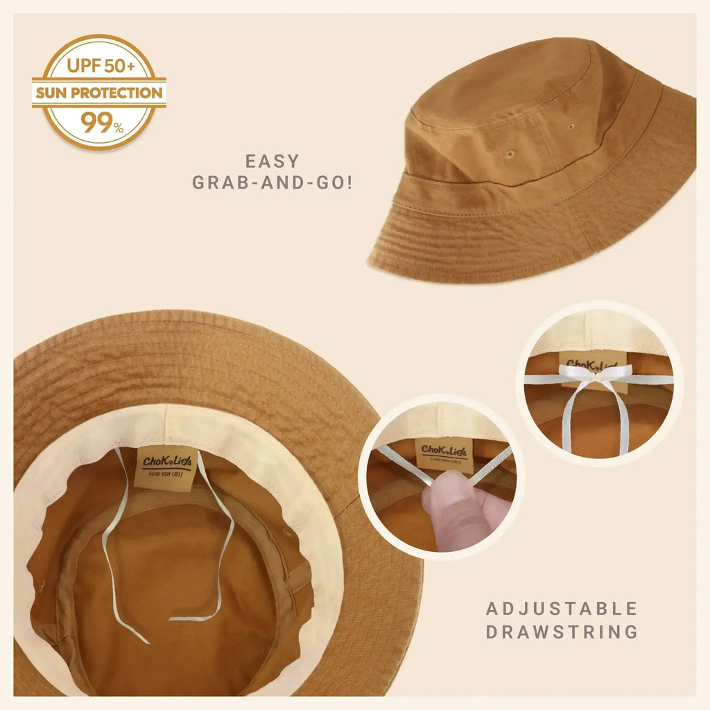 Washed cotton bucket hat with moldable brim, tan brown, adjustable drawstring